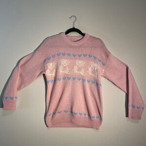 Womens Pink Cashmere Sweater with Teddy Bears & Hearts